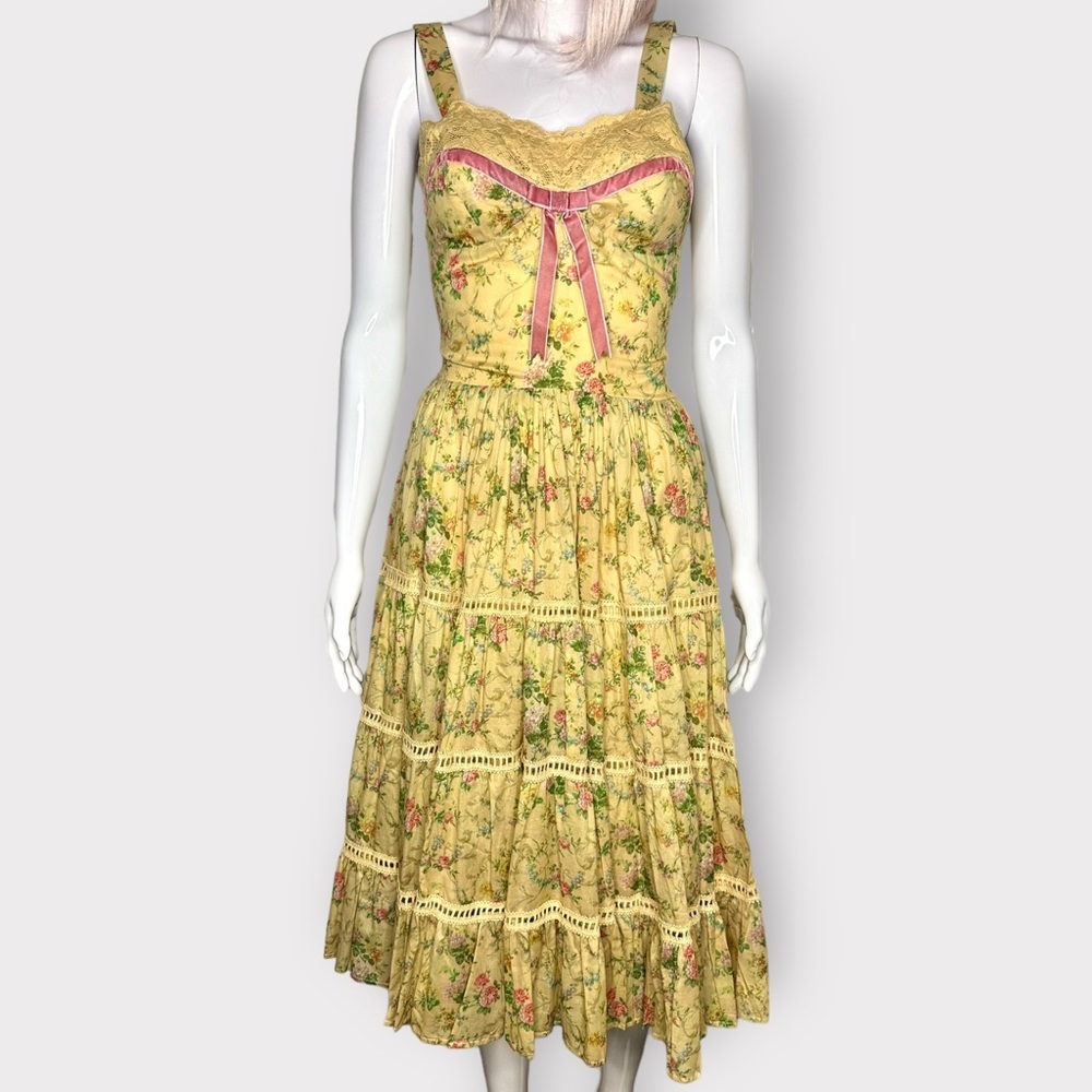 Kitten D’Amour Cottage Core, Fairy, Yellow Floral, Pink Lace Bow Dress - Picture 5 of 10